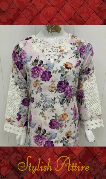 Original Pakistani Textured Lawn with Farshi Salwar. Brand: Sahiba's By Mirza  _ Off White & Purple 